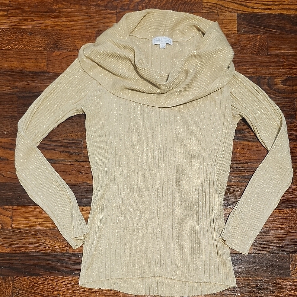 Joseph A Cream Oversized Cowl Neck Fitted Sweater Gold Metallic Accents Size SML